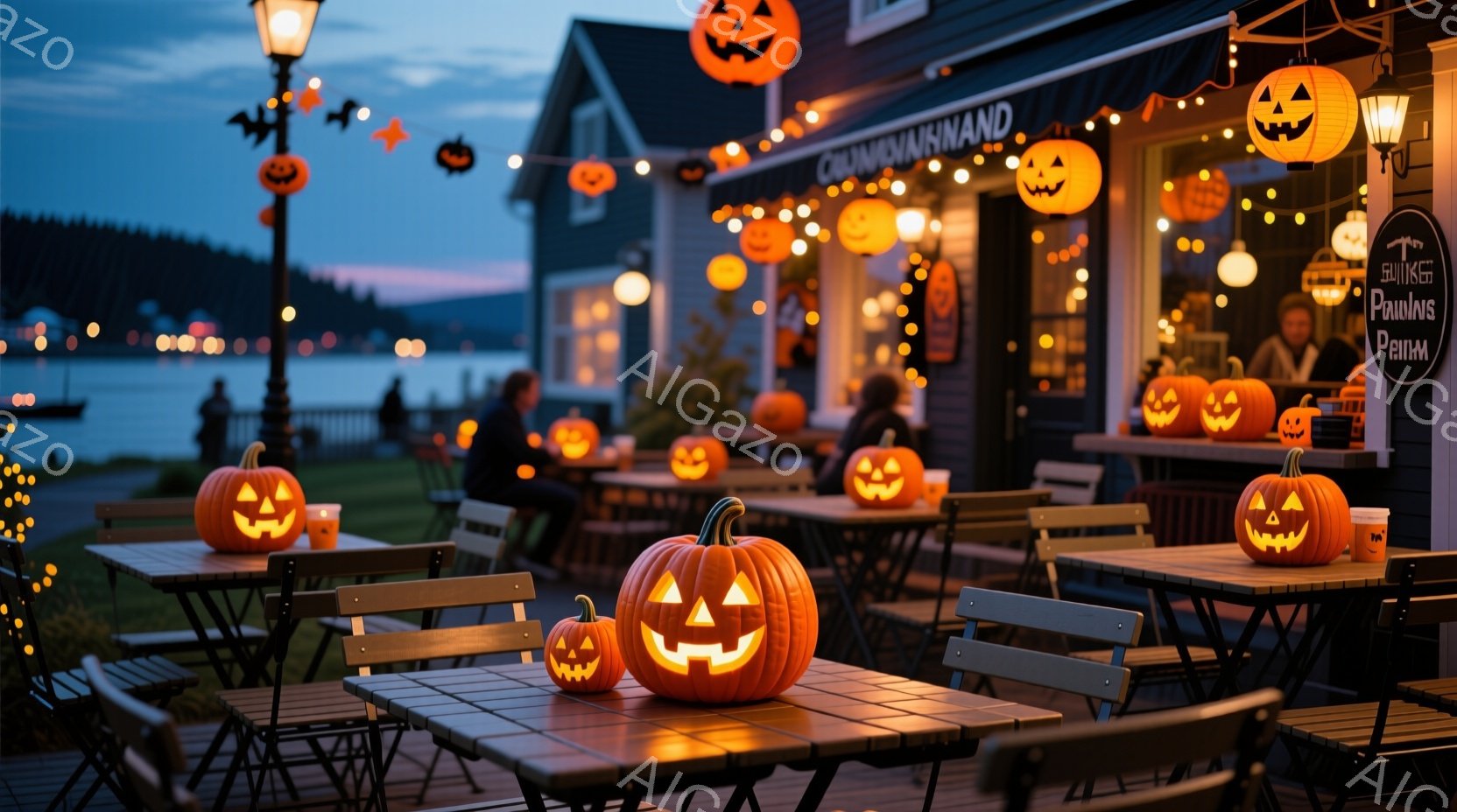 ハロウィーンの装飾が施された屋外カフェの様子が写っています。テーブルや地面にはジャック・オ・ランタンが並び、建物にはオレンジ色の提灯が飾られています。背景には海と山々が見え、薄暗い空と街の灯りがハロウ - AI生成フリー素材