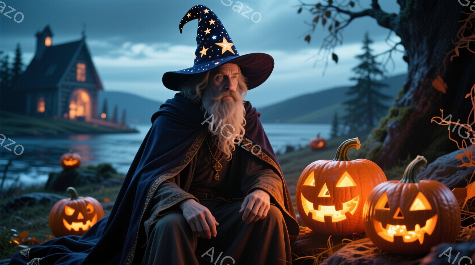 白髪で長く伸びた髭を蓄えた老人が、黒いローブと星が刺繍された青い帽子を身につけて座っている。彼の表情は厳粛で、どこか物憂げだ。背景には、遠くに見える建物、ライトアップされたカボチャ、そして暗い自然が広 - AI生成フリー素材
