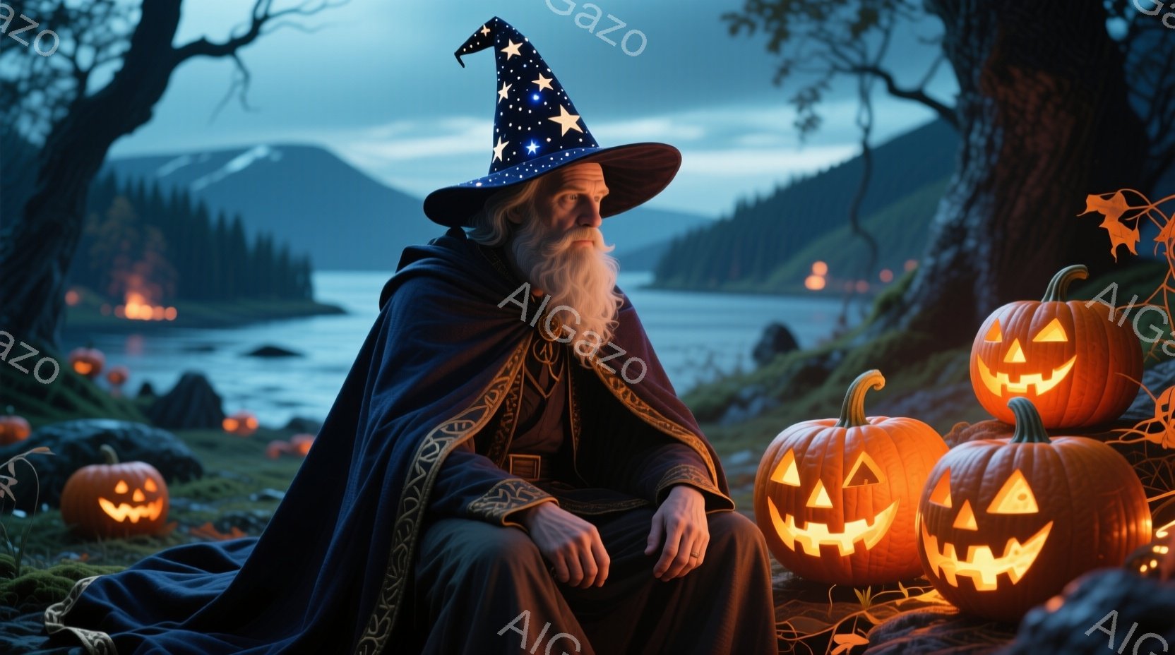 長い白ひげを蓄えた老人が、星が刺繍された黒い帽子とローブを身につけて座っています。彼の表情は穏やかで、どこか遠くを見つめています。背景には、彫刻されたジャック・オー・ランタンが並び、薄暗い森と水辺が広がり、ハロウィーンの夜の神秘的な雰囲気を醸し出しています。