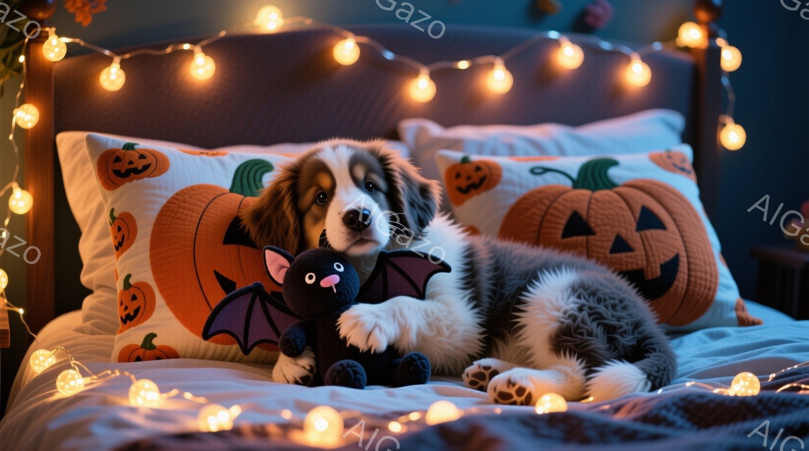 白と黒の毛並みを持つ子犬がベッドに横たわり、黒いコウモリのぬいぐるみを抱きしめています。ベッドにはハロウィーンをテーマにしたカボチャ柄の枕が並び、背景にはオレンジ色の光が灯った電飾が飾られています。全 - AI生成フリー素材