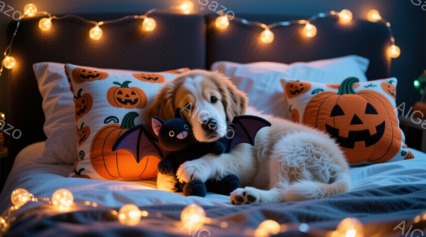 金色の毛並みの子犬がベッドの上で、黒いコウモリのぬいぐるみを抱きかかえて横たわっています。背景にはハロウィーンを象徴するジャック・オー・ランタン柄の枕が並び、ベッドの周囲には暖かい光を放つ電飾が飾られ - AI生成フリー素材