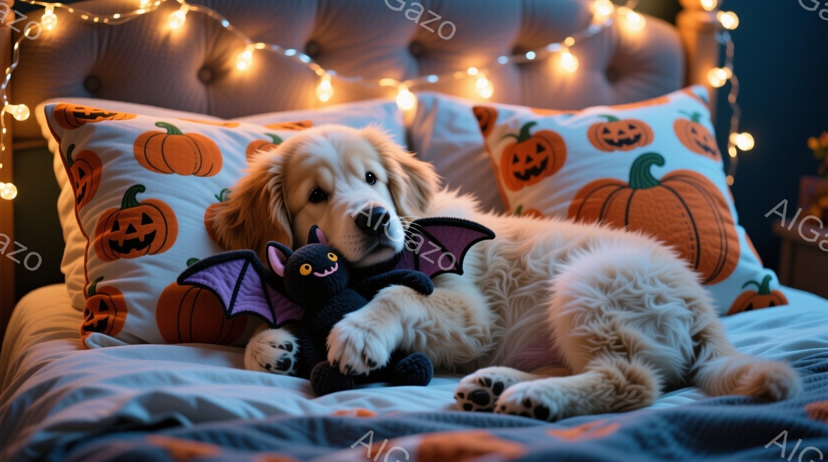 金色の毛並みの子犬が、ハロウィーン風のオレンジと黒のジャック・オー・ランタン柄の枕に寄りかかって横たわっています。子犬は黒いコウモリのぬいぐるみと寄り添い、リラックスした表情でカメラを見つめています。 - AI生成フリー素材