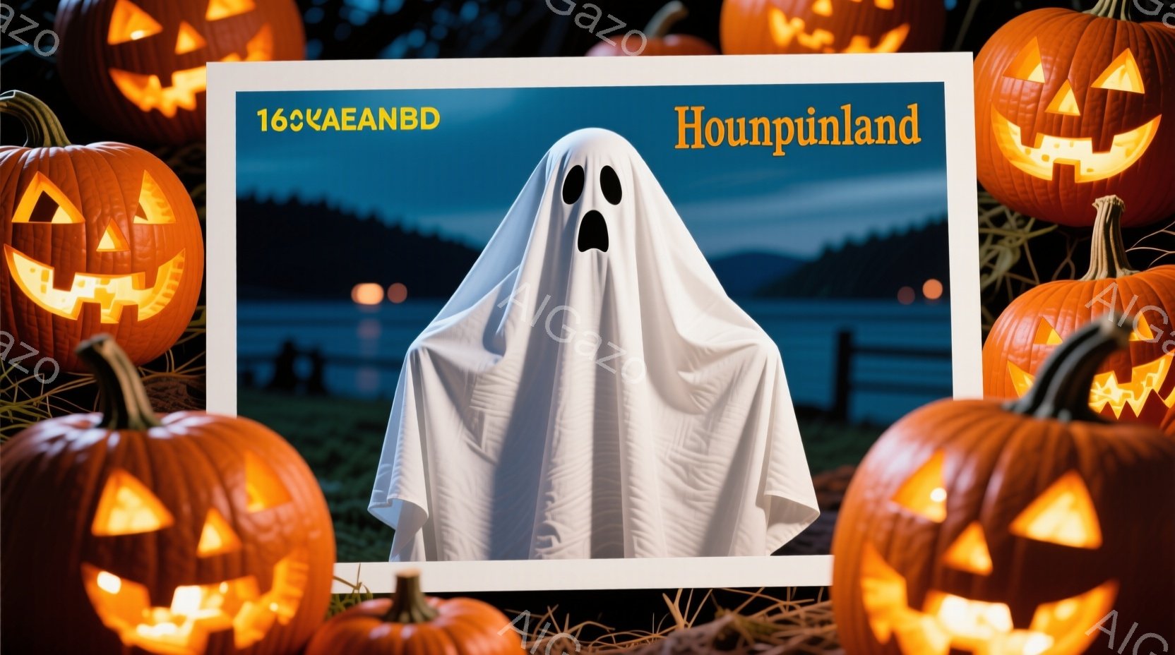 白い布を被った幽霊が中央に立っており、黒い目でこちらを見ている。背景には、オレンジ色のジャック・オ・ランタンがいくつか配置され、暗い夜空とシルエットの建物が見える。全体的にハロウィーンの夜の不気味で楽しい雰囲気が漂っている。