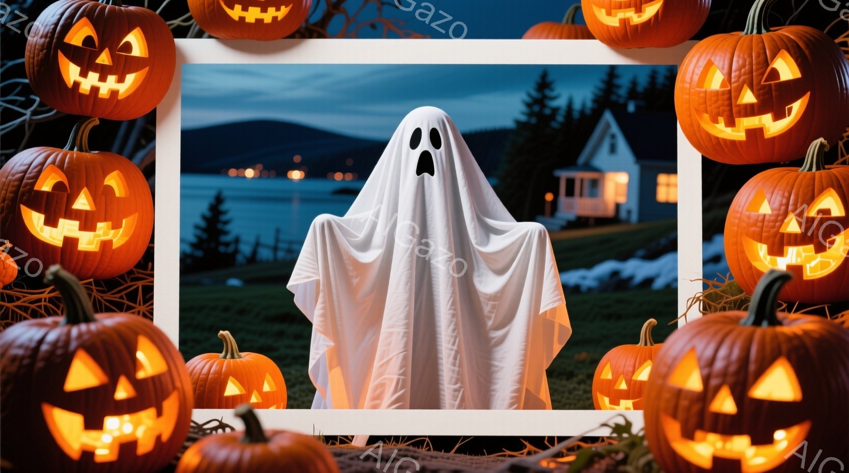 白い布を被った幽霊が中央に浮かび、黒い目でこちらを見ている。背景には、ハロウィンのために彫刻されたジャック・オ・ランタンが配置され、遠くには家々と暗い海が見える夜の風景が広がっている。全体的に、ハロウィンらしい少し不気味で楽しい雰囲気が漂っている。