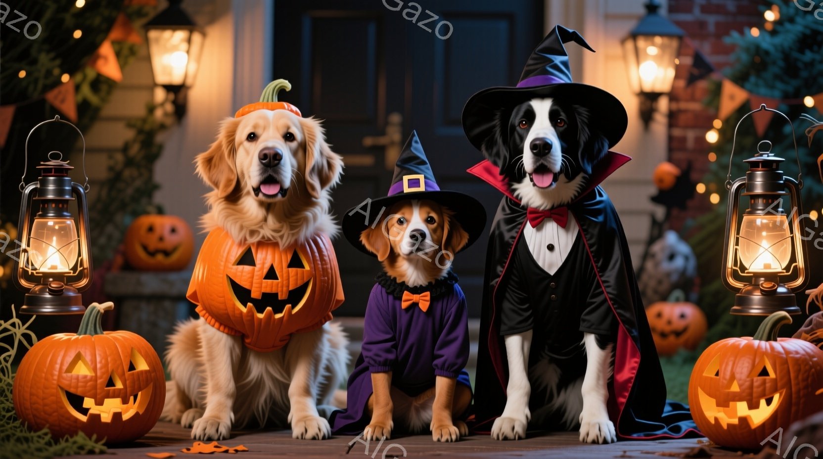 ハロウィーンの飾り付けがされた玄関前に、3匹の犬が衣装を着て座っています。金色のレトリバーはジャック・オー・ランタンの衣装、茶色の犬は魔女の帽子と紫色のドレス、そして黒と白の犬はドラキュラの衣装を着ており、それぞれ楽しそうな表情をしています。背景には、ハロウィーンのランタン、カボチャ、そして少し暗い夜の雰囲気があり、全体的に陽気で楽しいハロウィーンの夜を表現しています。