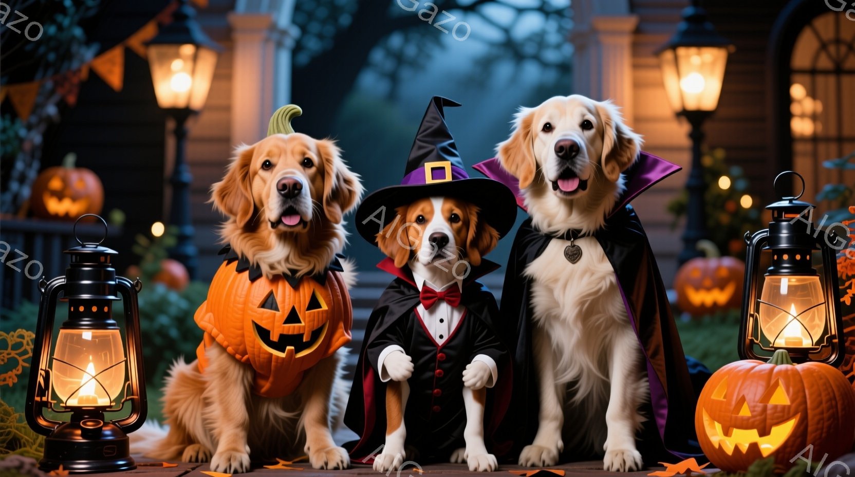 ハロウィーンをテーマにした、三匹の犬たちが整列しています。左の犬はカボチャの衣装、中央の犬は魔術師の衣装、右の犬は魔女の衣装を着ており、それぞれ可愛らしい表情をしています。背景には、ハロウィーンの装飾 - AI生成フリー素材