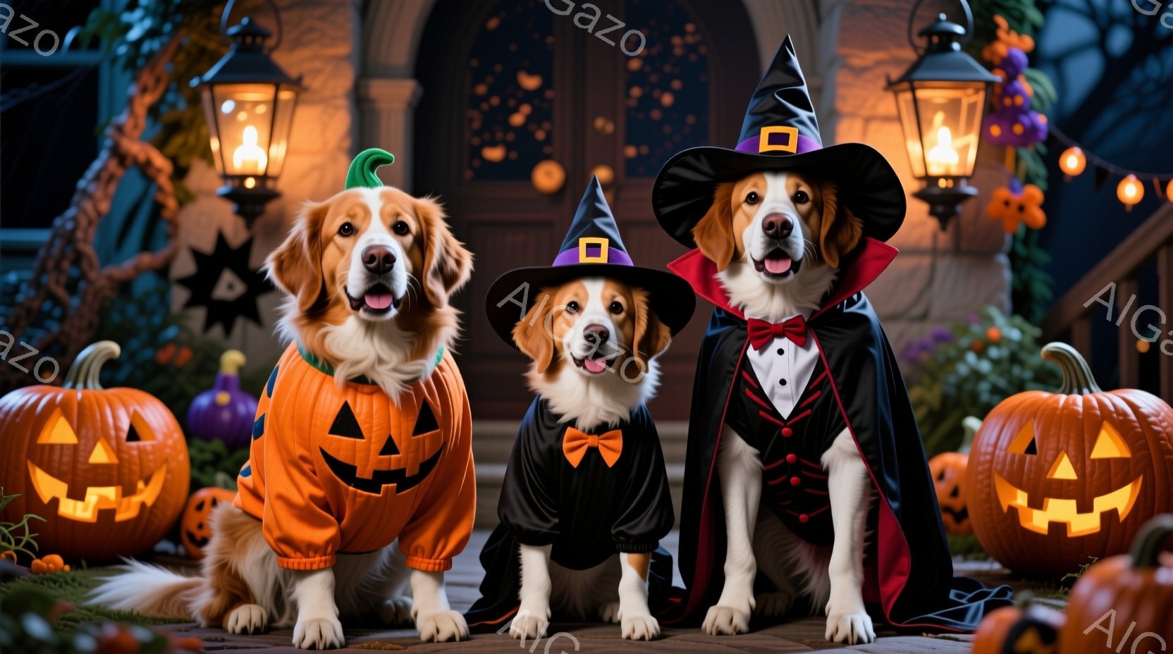 ハロウィーンの装飾が施された家の前で、3匹の犬がそれぞれ異なる仮装をして座っています。左の犬はカボチャの衣装、中央の犬は魔女の帽子とドレス、右の犬は吸血鬼のケープとベストを着用しており、それぞれ少し緊 - AI生成フリー素材