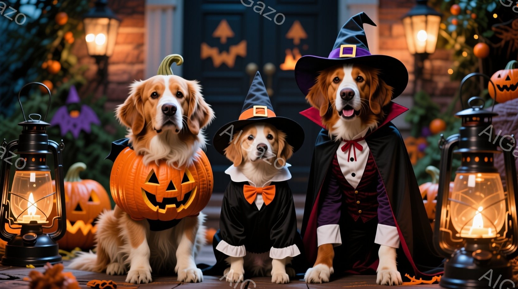 ハロウィーンの飾り付けがされた家の前に、３匹の犬が衣装を着て並んでいます。左の犬はカボチャの衣装、中央の犬は魔女の帽子と黒い衣装、右の犬はドラキュラの衣装を着ており、それぞれ少し得意げな表情をしていま - AI生成フリー素材