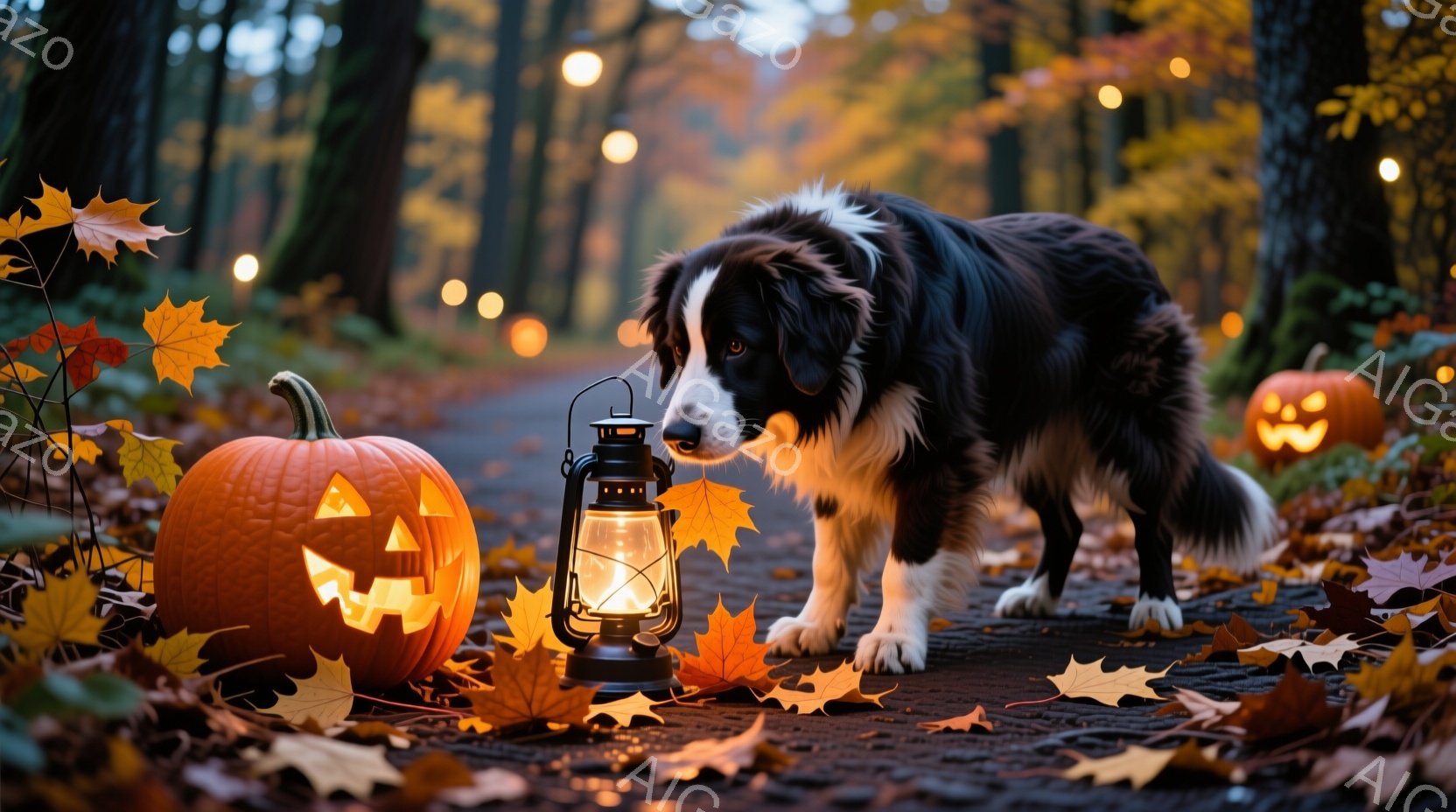 散り落ちた紅葉の敷き詰まった道に、くり抜かれたハロウィンのカボチャと灯りが灯ったランタンが置かれ、その横に毛並みの美しい黒と白のボーダーコリーが佇んでいます。犬は少し鼻を下げてランタンを覗き込むような姿勢で、好奇心旺盛な表情を浮かべています。背景には秋の森が広がり、ぼんやりとした光が差し込み、温かく幻想的な雰囲気を醸し出しています。