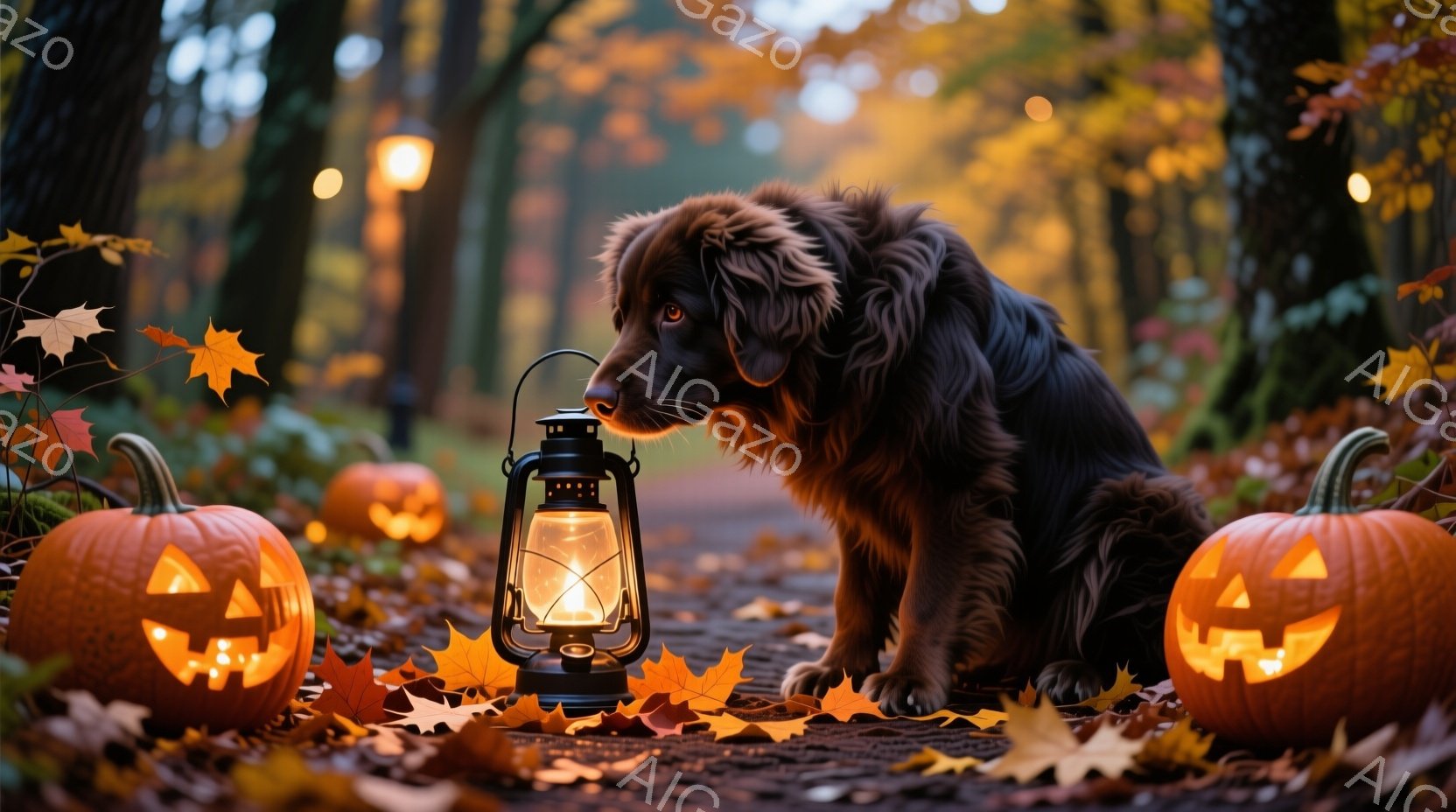 濃い茶色の毛並みの犬が、散らばる紅葉と彫刻が施されたカボチャに囲まれた森の道に座っている。犬は前方を見つめ、傍らには点灯したランタンが置かれ、周囲の木々から差し込む光とカボチャの明るい光が暖かく幻想的 - AI生成フリー素材