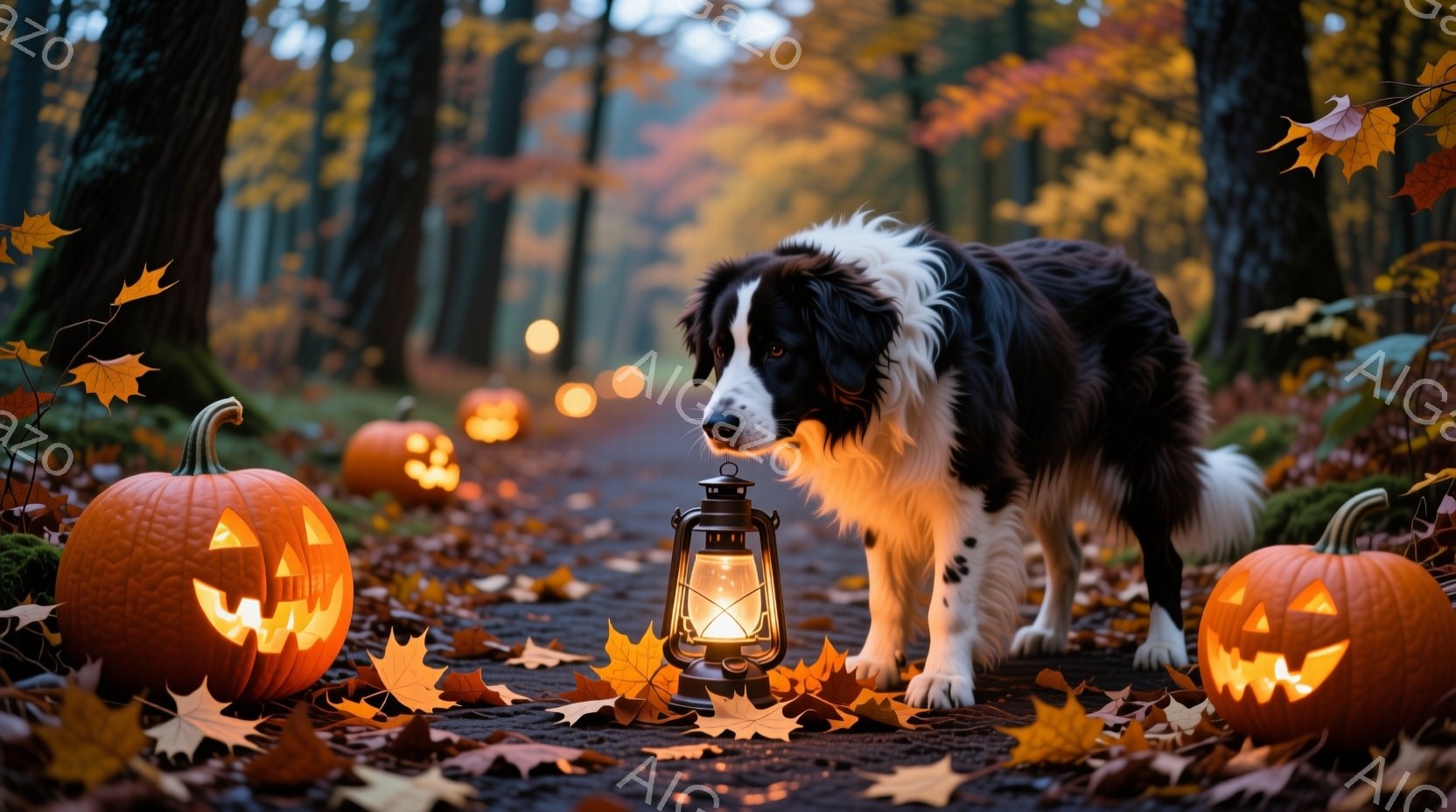 切り株や地面に散らばる紅葉に囲まれた森の道に、黒と白のボーダーコリーが立っている。道の両脇には、不気味な笑顔を浮かべたジャックオーランタンが置かれ、中央には点灯したランタンが置かれている。秋の森の静けさと、ハロウィーンの雰囲気が漂う、幻想的な光景である。