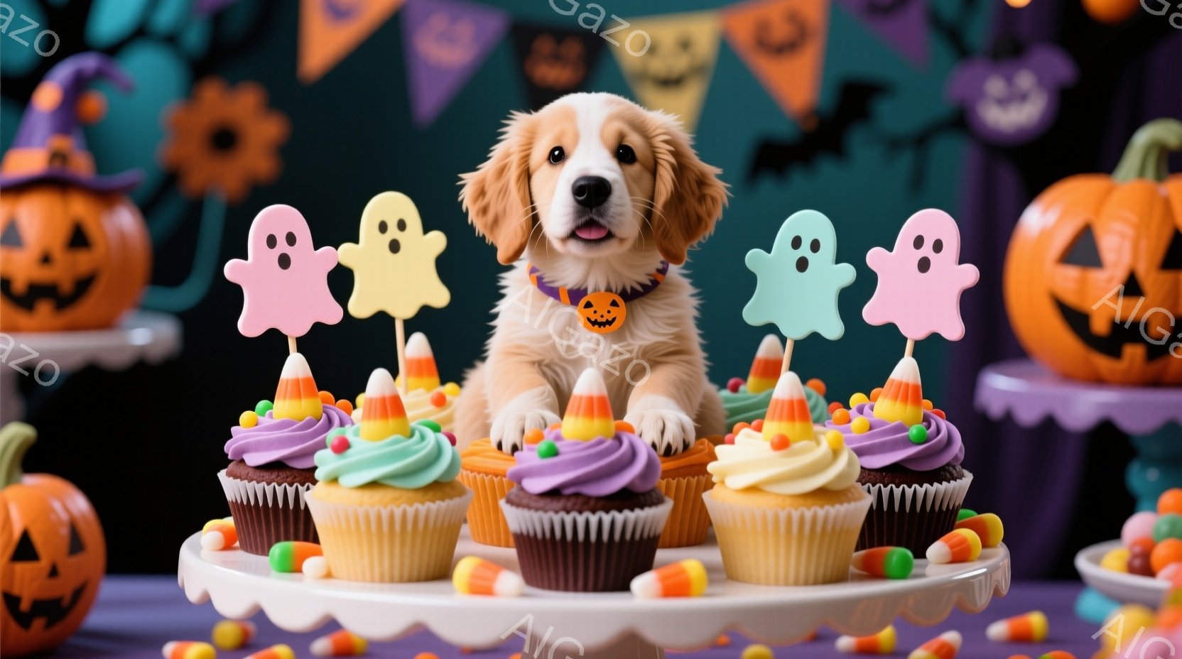 柔らかい毛並みのゴールデンレトリバーの子犬が、ハロウィーンをテーマにしたカップケーキの盛り合わせの前で座っています。カップケーキには、紫、緑、オレンジ色のアイシングが施され、お菓子や小さな幽霊の飾りも - AI生成フリー素材