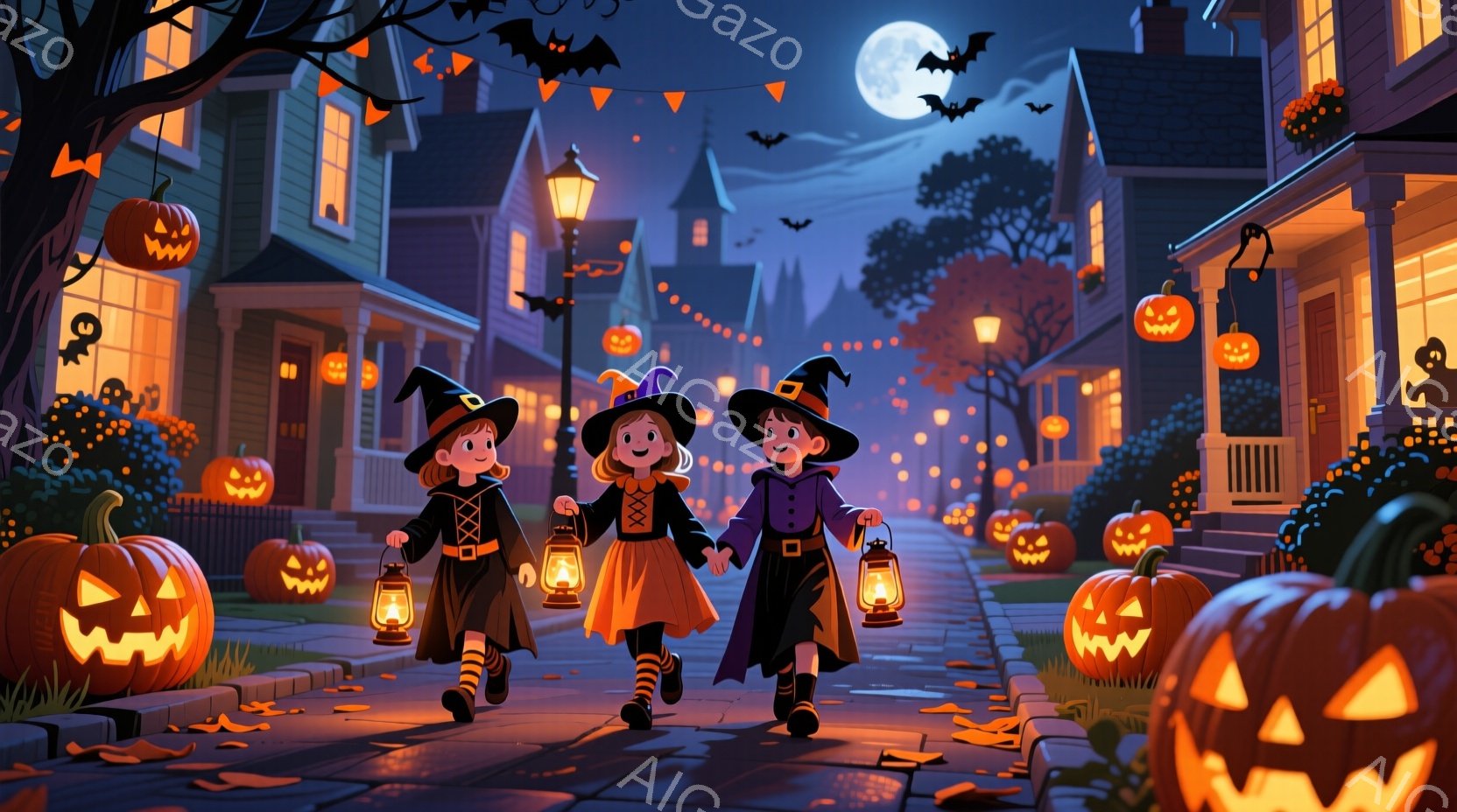三人の若い魔女が、ハロウィーンの夜にランタンを手にしながら歩いている。彼女たちはそれぞれ黒い帽子と黒いドレスを着ており、髪は三つ編みにされている。背景には、カボチャのランタンで飾られた家々が並び、暗い - AI生成フリー素材