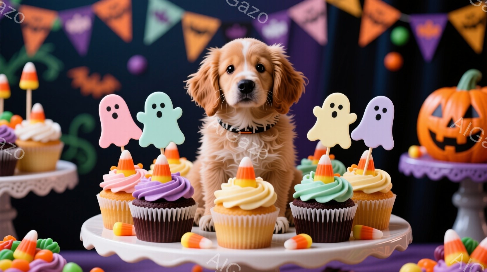 ハロウィーンをテーマにしたカップケーキの周りにいる金色のレトリバーの子犬が写っています。子犬は首輪をつけており、カメラの方を見て、穏やかで好奇心旺盛な表情をしています。背景には紫色の背景と、カボチャや - AI生成フリー素材