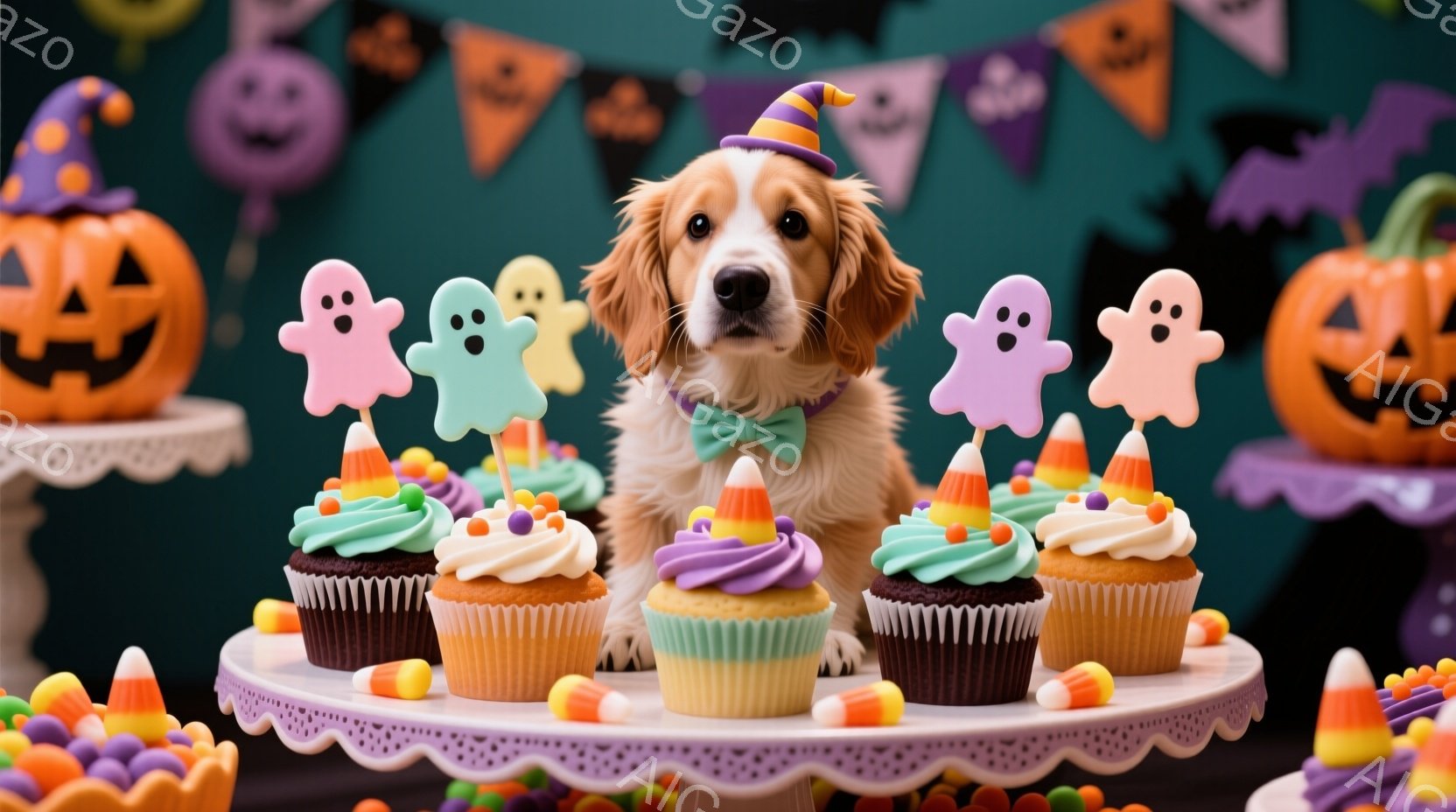 オレンジ色の毛並みの犬が、ハロウィーンをテーマにしたカップケーキの前に座っています。犬は小さなハロウィーンの帽子と蝶ネクタイを身に着け、穏やかで愛らしい表情をしています。背景には、カボチャの飾りやゴー - AI生成フリー素材