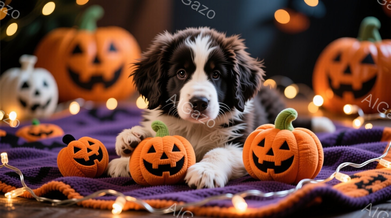 紫色の毛布の上に、彫刻が施された小さなカボチャがいくつか置かれ、その中央に白と黒の毛並みの可愛らしい子犬が横たわっています。子犬は正面を見ており、穏やかで好奇心に満ちた表情をしています。背景にはぼやけ - AI生成フリー素材
