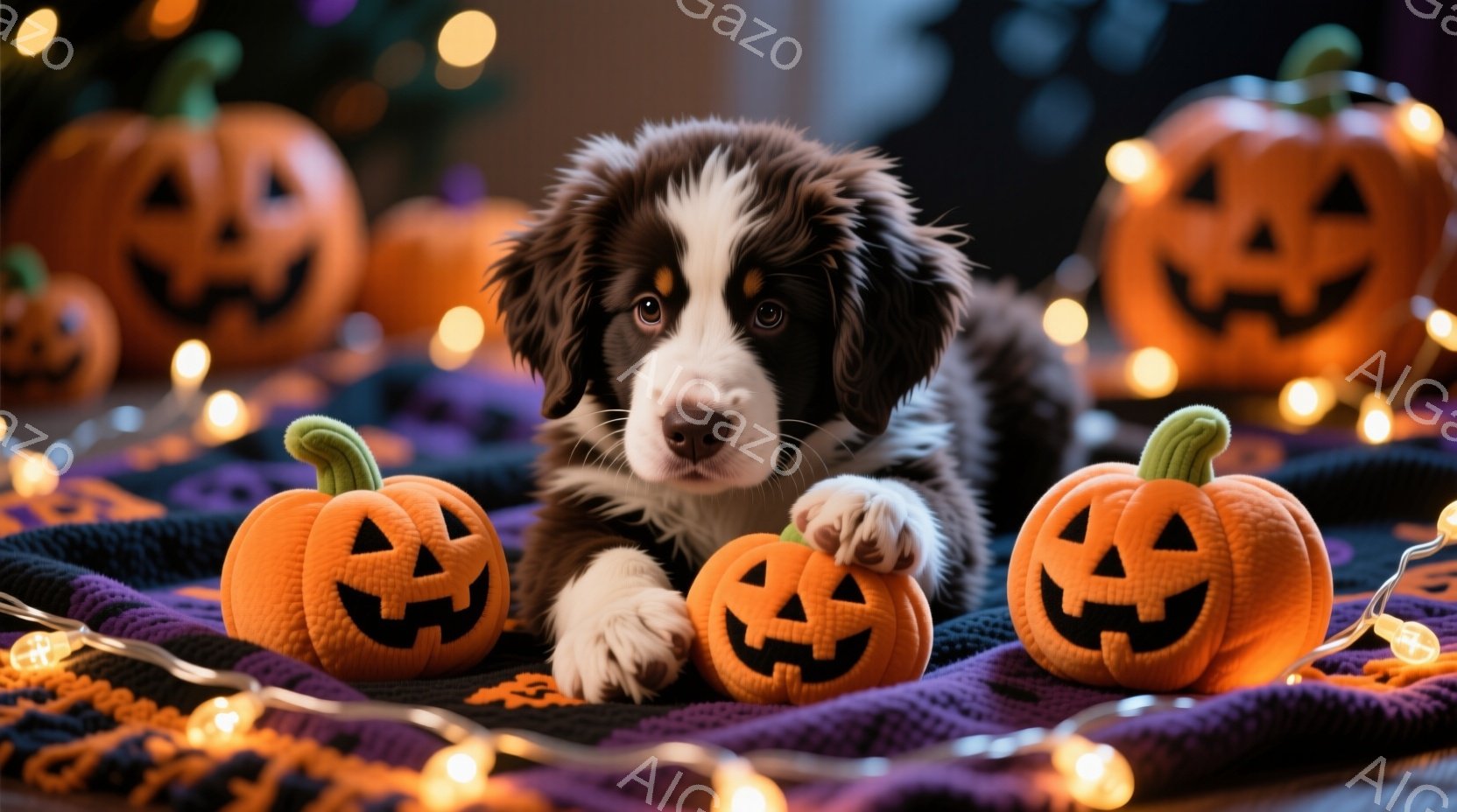 鮮やかなオレンジ色のハロウィーンのジャック・オ・ランタンに囲まれた、ふわふわの茶色と白のパピーが写っています。パピーは前足を前に出し、明るい目に光を当て、リラックスした表情でカメラを見つめています。背景には、暖かく輝く小さなオレンジ色のライトが散りばめられた紫色の毛布があり、ハロウィーンの温かく居心地の良い雰囲気を醸し出しています。