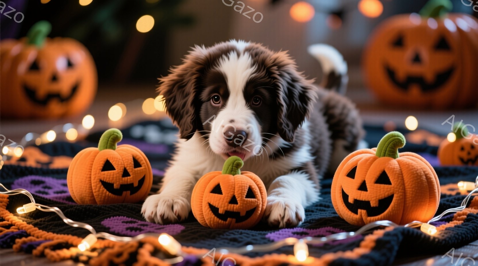 白と茶色の毛並みを持つ子犬が、ハロウィーンの装飾である小さなジャック・オー・ランタンに囲まれて横たわっています。子犬は少し口を開けていて、楽しそうな表情をしています。背景には、紫とオレンジの模様の布と - AI生成フリー素材