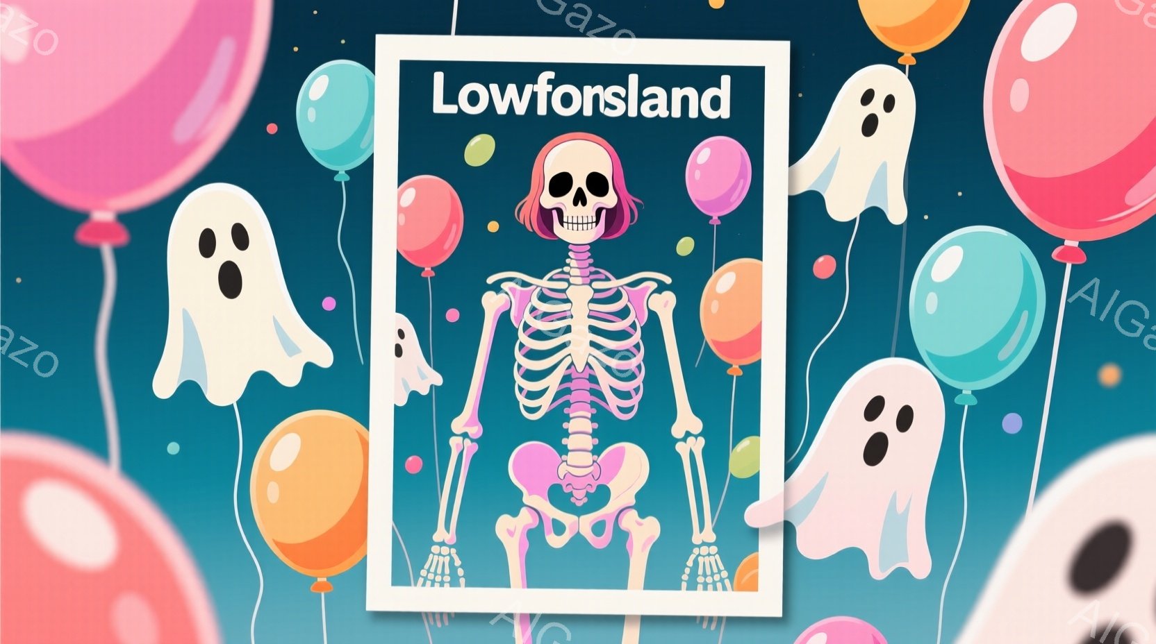 カラフルな風船に囲まれたスケルトンが描かれています。スケルトンは全身が白く、ピンク色の骨盤が特徴的です。背景は青色で、可愛らしいゴーストも複数描かれており、全体的に明るく楽しい雰囲気です。 - AI生成フリー素材