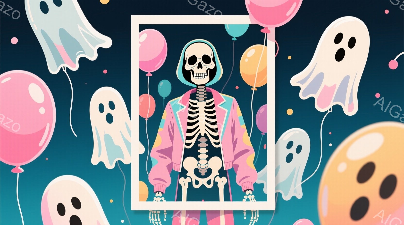 白い枠の中に、ピンクのジャケットとズボンを身につけた骸骨が立っている。骸骨は少し微笑んでいるようで、少しユーモラスな印象を与える。背景は暗い青色で、様々な色の風船や幽霊が浮かんでおり、お祭りやパーティーのような楽しい雰囲気を醸し出している。