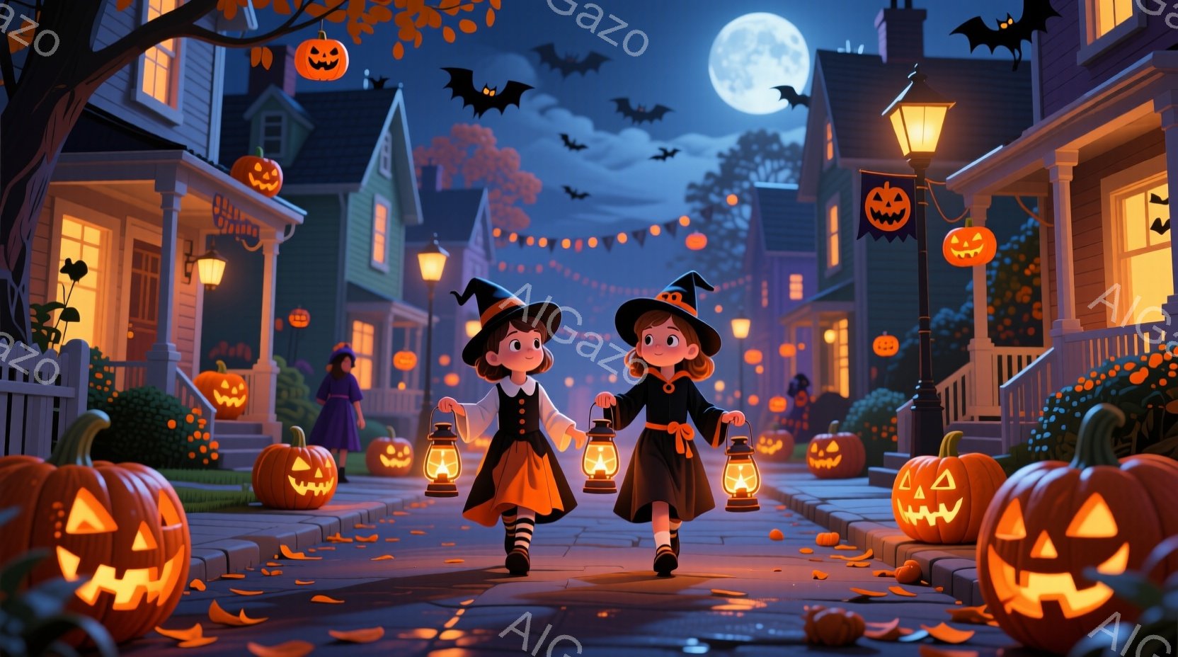 2人の少女が、ハロウィーンの飾り付けがされた街路をランタンを手に歩いている。彼女たちは黒い魔女帽子と濃い色のドレスを着ており、楽しそうな表情をしている。背景には、カボチャのランタン、飾り付けられた家々 - AI生成フリー素材