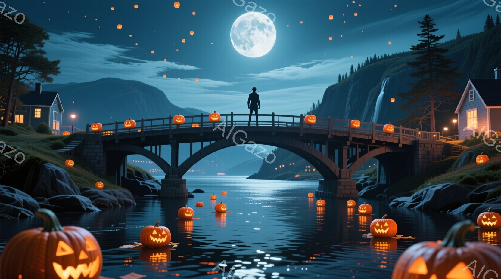 夜の橋の上に一人立つ人物が描かれている。その人物は黒いコートを着ており、背中を向けているため顔の表情は見えない。周囲には多数のジャック・オー・ランタンが浮かび、背景には暗い森と月明かりが照らし出す水面 - AI生成フリー素材