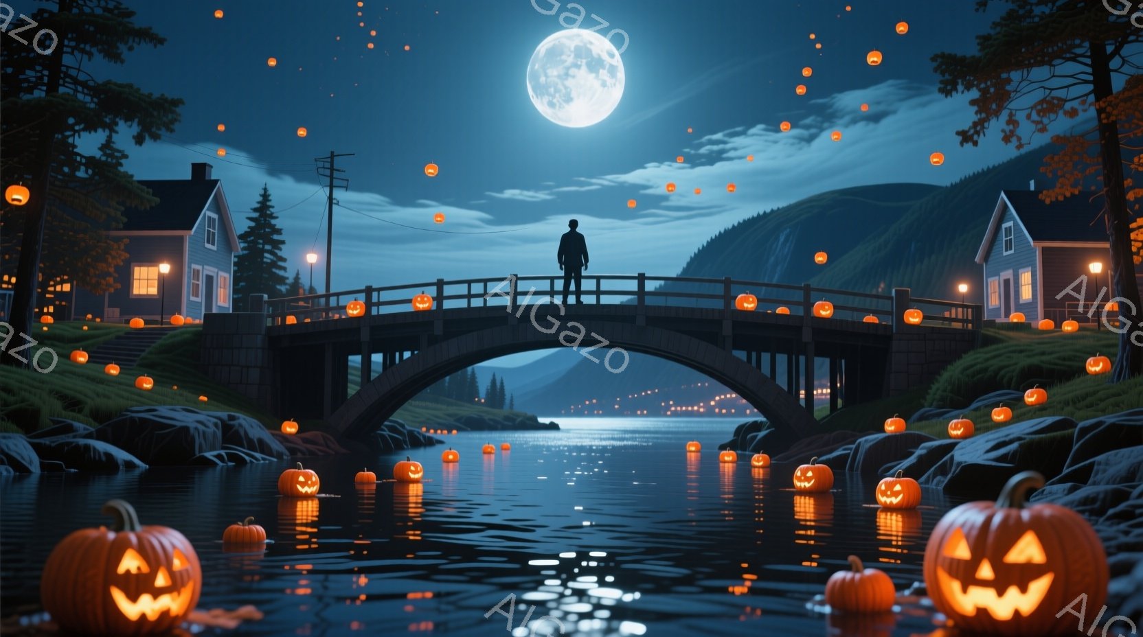 橋の上に立つ人物は、黒いコートを着ており、後ろ姿のため顔や表情ははっきりしない。周囲には、水面や橋の上、そして岸辺に無数のジャック・オー・ランタンが浮かび、背後の丘と暗い空には満月が輝いている。全体的 - AI生成フリー素材