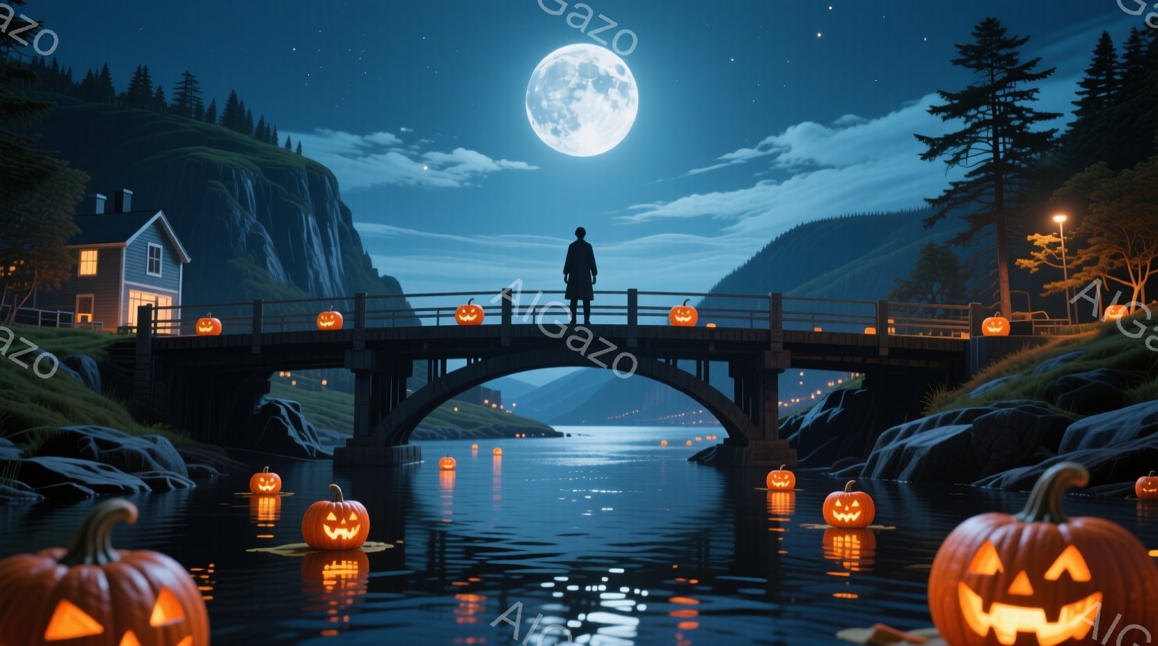 アーチ橋の上に立つ人物は、黒いコートを着ており、背中を向けているため、顔や髪型は見えません。周囲には、水面に浮かぶジャック・オー・ランタンと、橋の欄干に並んだものが点在し、背景には暗い森と、満月が輝く夜空が広がっています。全体的に、ハロウィンらしい神秘的で幻想的な雰囲気を醸し出しています。