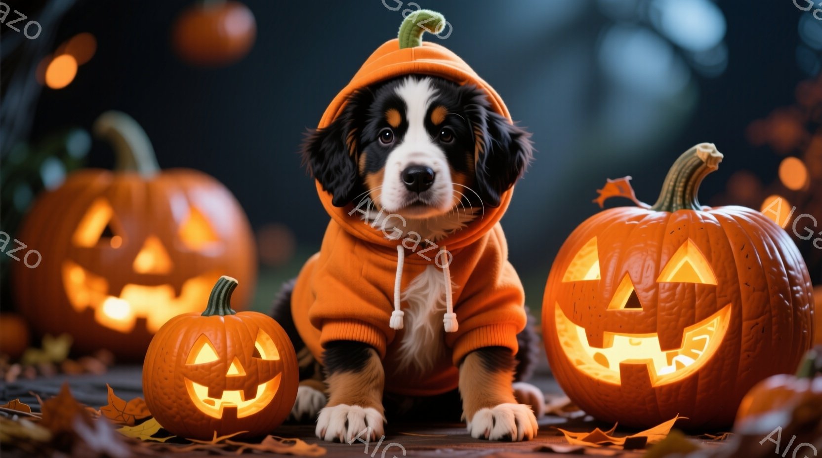 オレンジ色のハロウィン風パーカーを着た、愛らしいバーニーズ・マウンテン・ドッグの子犬が写っています。子犬は前足を前に伸ばし、穏やかな表情でカメラを見ており、周囲にはジャック・オー・ランタンが配置されています。背景は暗く、落ち葉が散らばっており、ハロウィンの季節の暖かく、お祭り気分を醸し出しています。