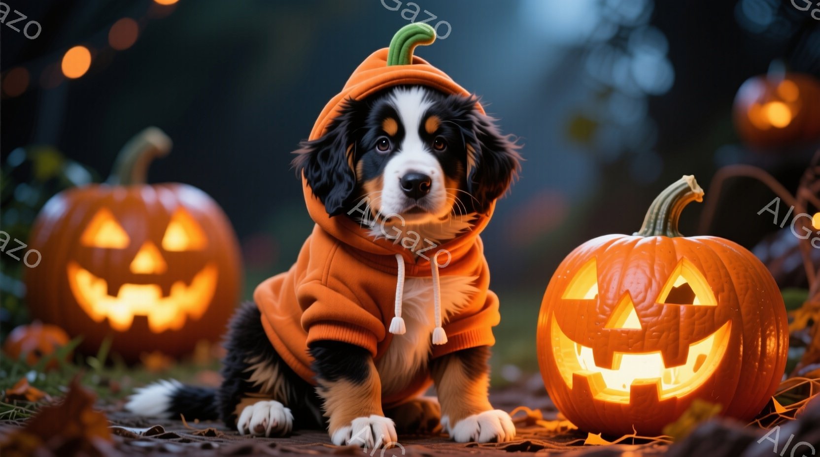 小さなベルニース・マウンテン・ドッグの子犬が、オレンジ色のパーカーを着て座っています。パーカーにはフードと白い紐が付いており、子犬は前足を伸ばして、少し上目遣いでカメラを見ています。背景には、ハロウィーンのジャック・オー・ランタンがいくつか配置され、落ち葉が散らばる暗い自然の風景が広がっています。