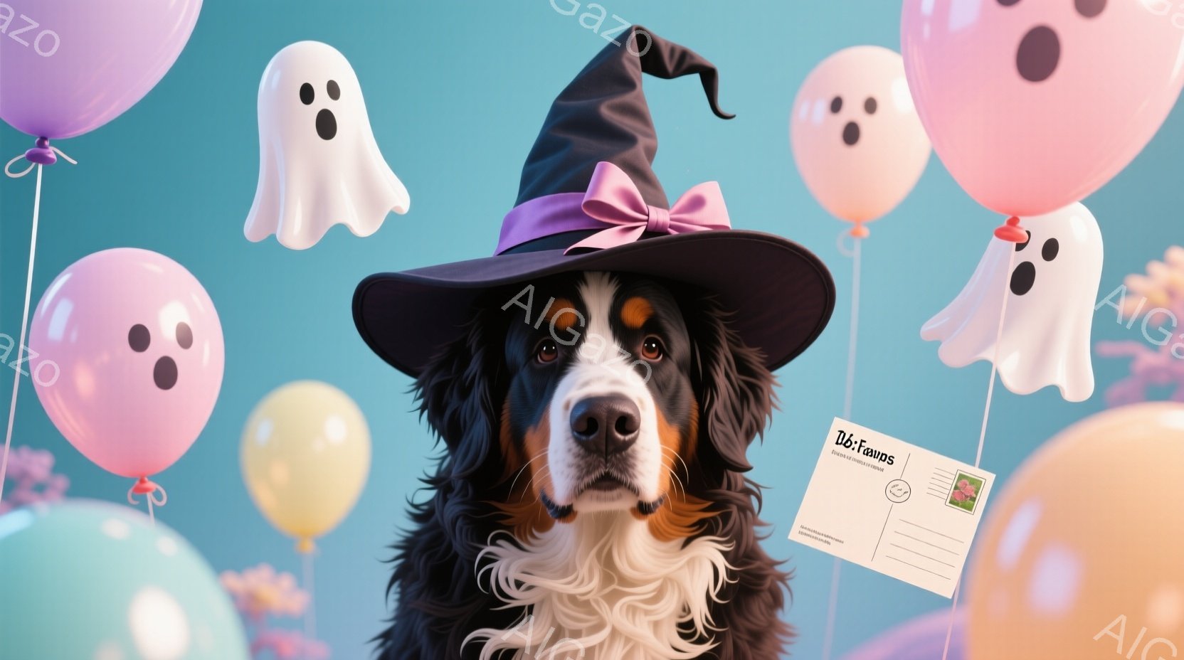 バーニーズ・マウンテン・ドッグが、ハロウィーンを連想させる背景の中で正面を見据えています。黒い魔女帽子を被り、いたずらっぽい表情で、まるでハロウィーンのパーティーに参加しているかのようです。背景には、お化けの形をした風船やポストカードが浮かび、明るくお祝いの雰囲気を醸し出しています。