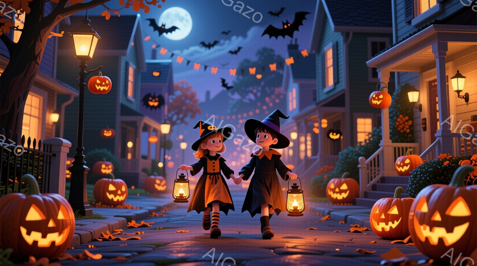 二人の子供がハロウィーンの夜、手をつないで歩いている。二人はそれぞれ魔女の帽子をかぶり、黒いローブのような衣装を着ており、提灯を手にしている。背景には、カボチャのランタンで飾られた家々が並び、夜空には - AI生成フリー素材
