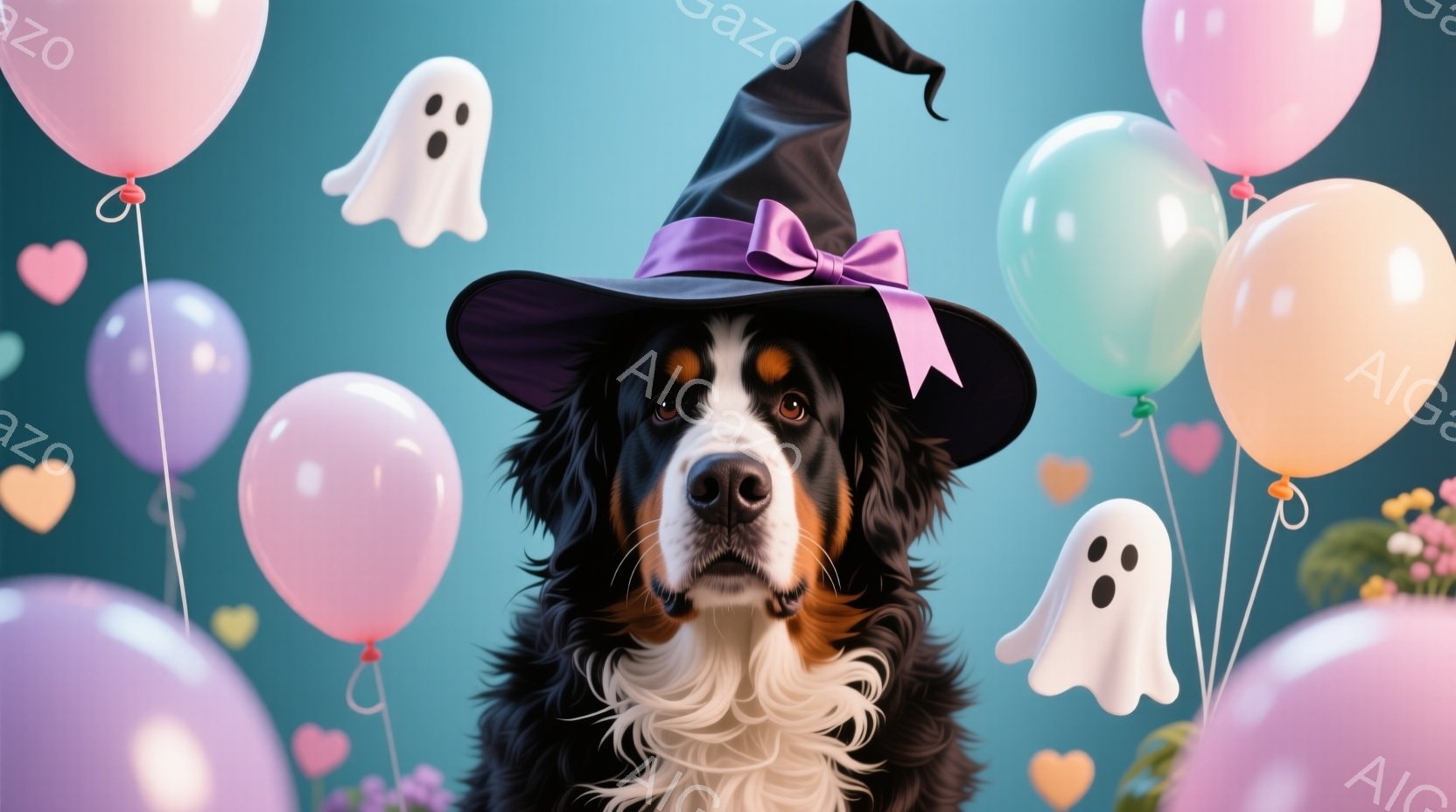 大きなベルン山犬が、紫のリボンが付いた黒い魔女帽子をかぶって正面を見つめている。背景には、パステルカラーの風船や可愛らしいお化けのイラストが浮かび、お祝いの雰囲気が漂っている。犬の表情は穏やかで、全体 - AI生成フリー素材