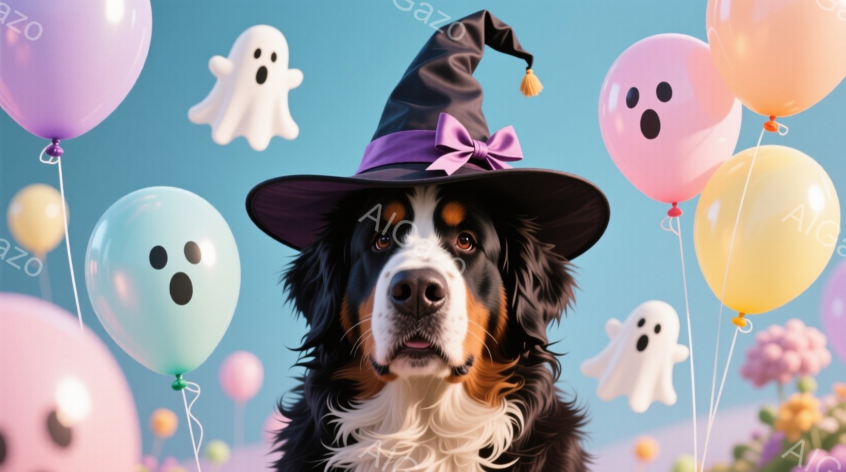 大きなバーニーズ・マウンテン・ドッグが、ハロウィーン風の帽子をかぶって正面を見ています。周囲には、パンプキンカラーの風船や、可愛らしいお化けのイラストが浮かんでおり、お祝いの雰囲気です。犬は少し口を開け、優しい表情を浮かべています。
