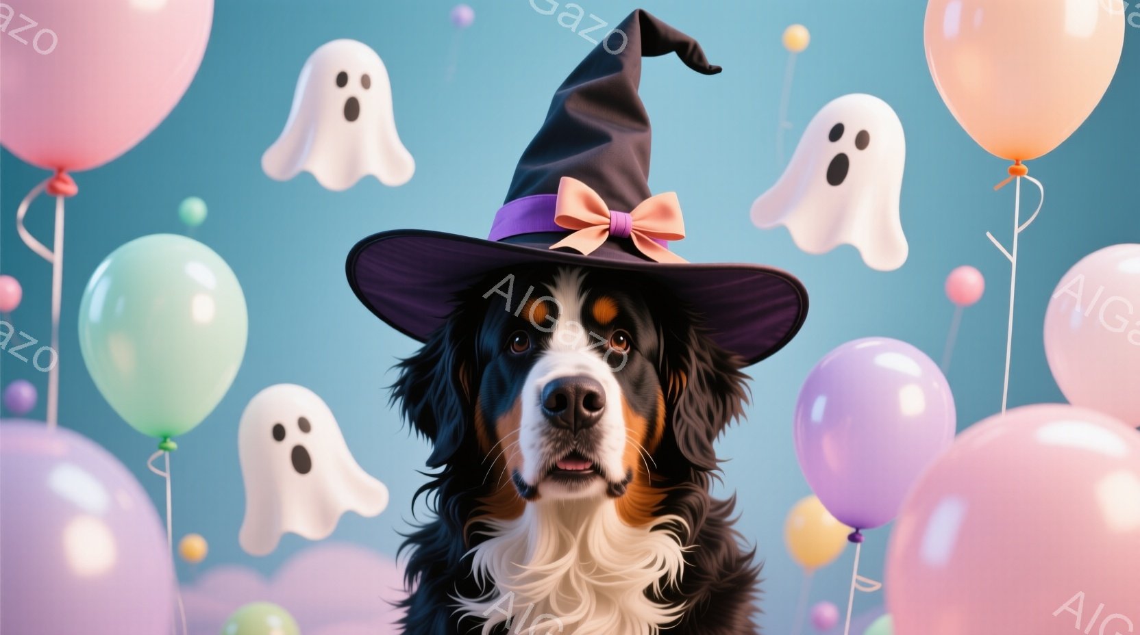 茶色と白の大きな犬が、紫のリボンが付いた黒い魔女帽子を被っている。犬は口を開けて少し舌を出し、正面を見て楽しそうな表情をしている。背景には、パステルカラーの風船や幽霊のイラストが浮かび、ハロウィーンを - AI生成フリー素材