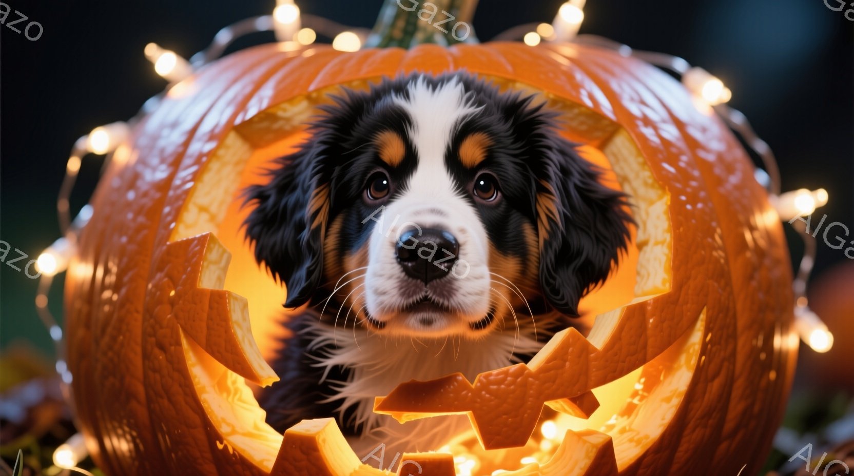 可愛らしいバーニーズ・マウンテン・ドッグの子犬が、くり抜かれたハロウィンのカボチャの中に顔を覗かせています。子犬は黒と茶色の毛並みで、つぶらな瞳が印象的です。カボチャの周囲にはオレンジ色の光が灯っており、ハロウィンの温かく楽しい雰囲気を醸し出しています。