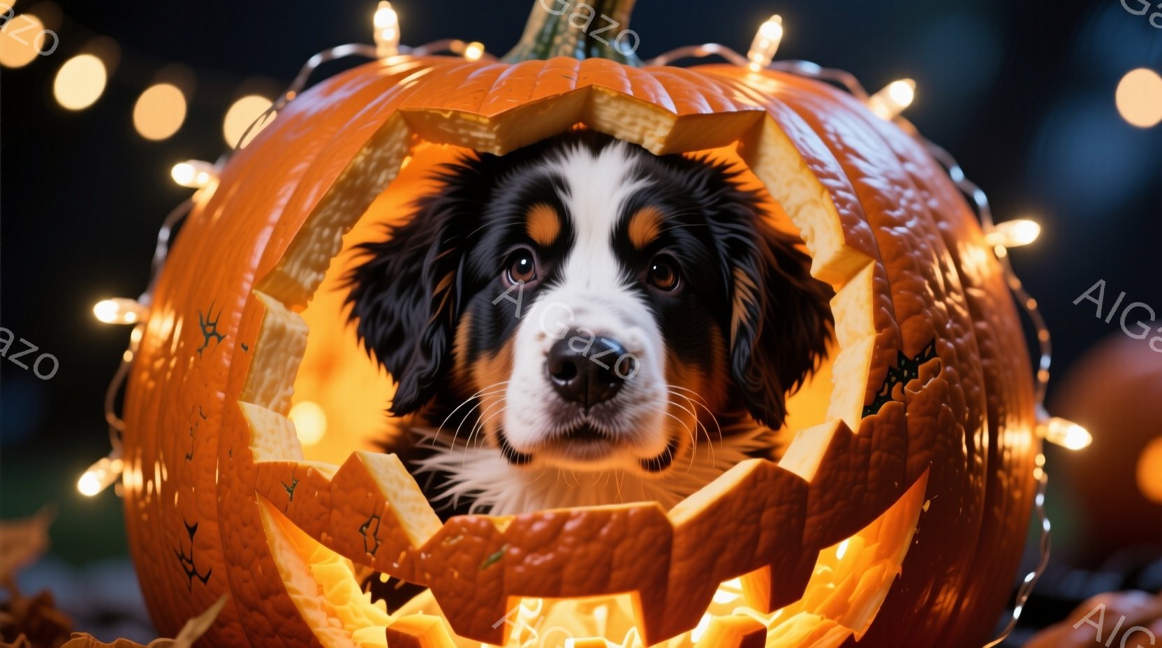 ハロウィーンの飾り付けの一部として、くり抜かれた大きなオレンジ色のカボチャの中に、愛らしいベルニース・マウンテン・ドッグの子犬が顔を出しています。子犬は前足をカボチャの縁にかけ、好奇心と少しの困惑が入り混じった表情でカメラを見つめています。背景にはぼやけた光のストリングライトと、他のカボチャがわずかに見え、温かく楽しいハロウィーンの雰囲気を醸し出しています。