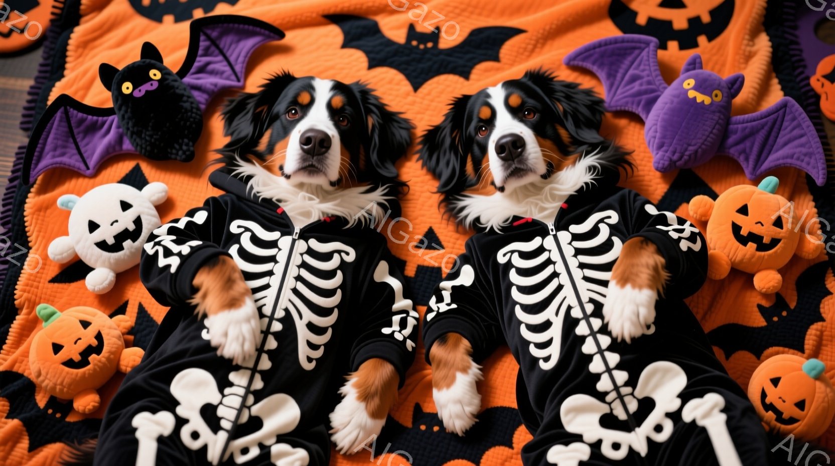 オレンジ色の背景に、骨柄の衣装を着た2匹のバーニーズ・マウンテン・ドッグが横たわっています。犬たちはリラックスした表情で、周りにはカボチャやお化けのぬいぐるみなどが散らばっています。全体的にハロウィーンの楽しい雰囲気を醸し出しています。