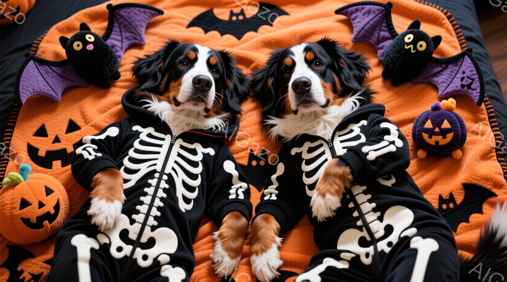 ハロウィーンをテーマにした写真で、二匹の犬が黒地に白骨のプリントが施された、ハロウィーンの衣装を着ています。犬たちはオレンジ色の背景に横たわり、リラックスした表情をしています。背景には、カボチャの形を - AI生成フリー素材