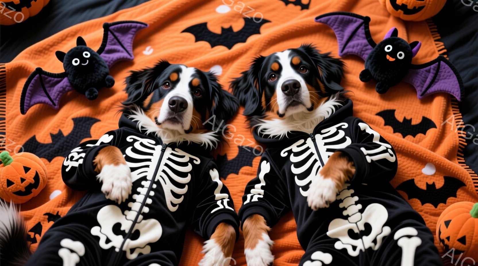 二匹の犬がハロウィーンをテーマにしたオレンジ色の背景に横たわっています。犬たちは骨格柄の黒いパーカーを着ており、リラックスした表情でカメラを見ています。背景には、カボチャのランタンとコウモリのぬいぐる - AI生成フリー素材