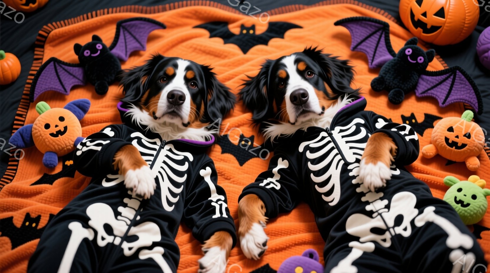 ハロウィーンをテーマにした背景に、2匹のバーニーズ・マウンテン・ドッグがスケルトンのデザインが施された黒い衣装を着て横たわっています。犬たちはリラックスした表情で、おもちゃのコウモリやジャック・オー・ランタンに囲まれており、ハロウィーンらしい陽気で楽しい雰囲気を醸し出しています。オレンジ色の背景と黒い衣装のコントラストが、ハロウィーンの季節感を強調しています。