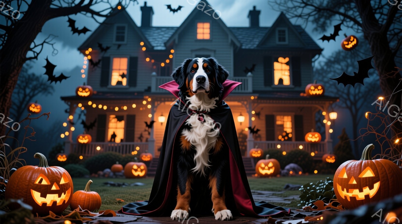 ハロウィーンをテーマにした写真で、伯爵のような赤いマントを着たバーニーズ・マウンテン・ドッグが正面に座っています。背景には、ジャック・オ・ランタンで飾られた、暗く不気味な屋敷と、シルエットで描かれたコ - AI生成フリー素材