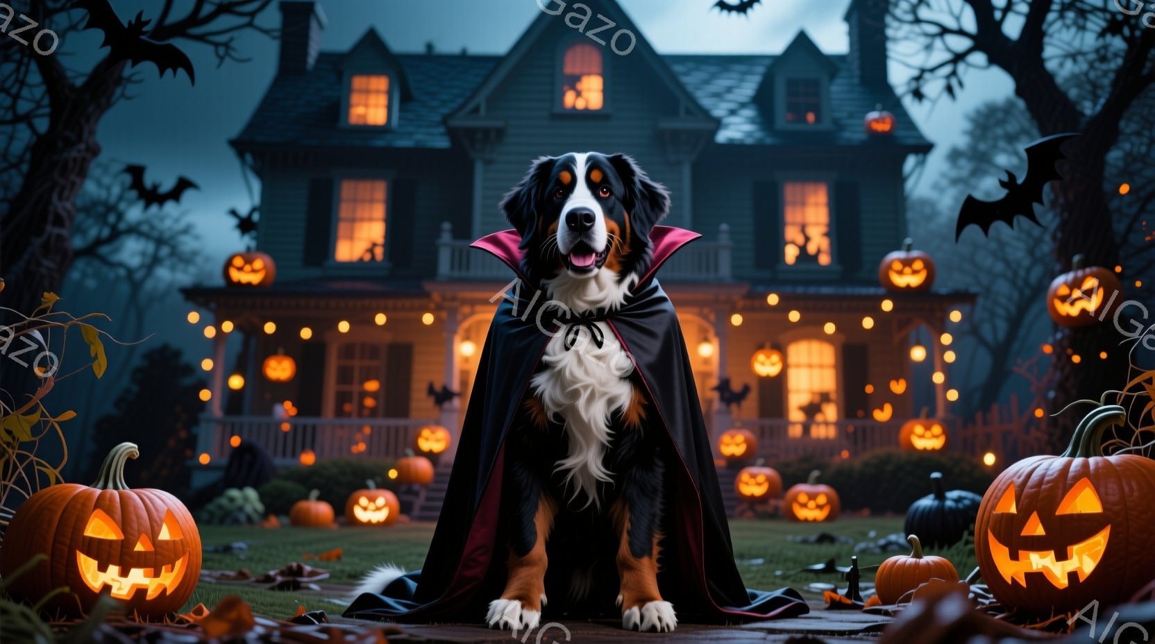 大きなベルン山犬がハロウィーンの衣装である黒いマントを羽織って正面を向いています。背景には、ジャック・オ・ランタンで飾られた、ライトアップされた古い屋敷が暗い夜空の下にあります。庭には、落ち葉や様々なサイズのジャック・オ・ランタンが散らばり、不気味でありながらも楽しいハロウィーンの雰囲気を醸し出しています。