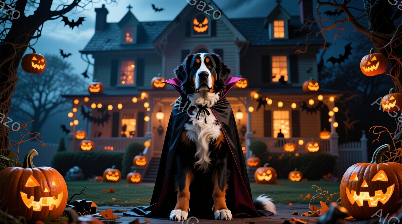 ハロウィーンの夜、ベルン山犬が黒いマントを羽織って座っています。背景には、たくさんのジャック・オー・ランタンで飾られた家があり、庭には秋の落ち葉が散らばっています。暗い空にはコウモリが飛び交い、全体的にハロウィーンらしい神秘的で楽しい雰囲気が漂っています。