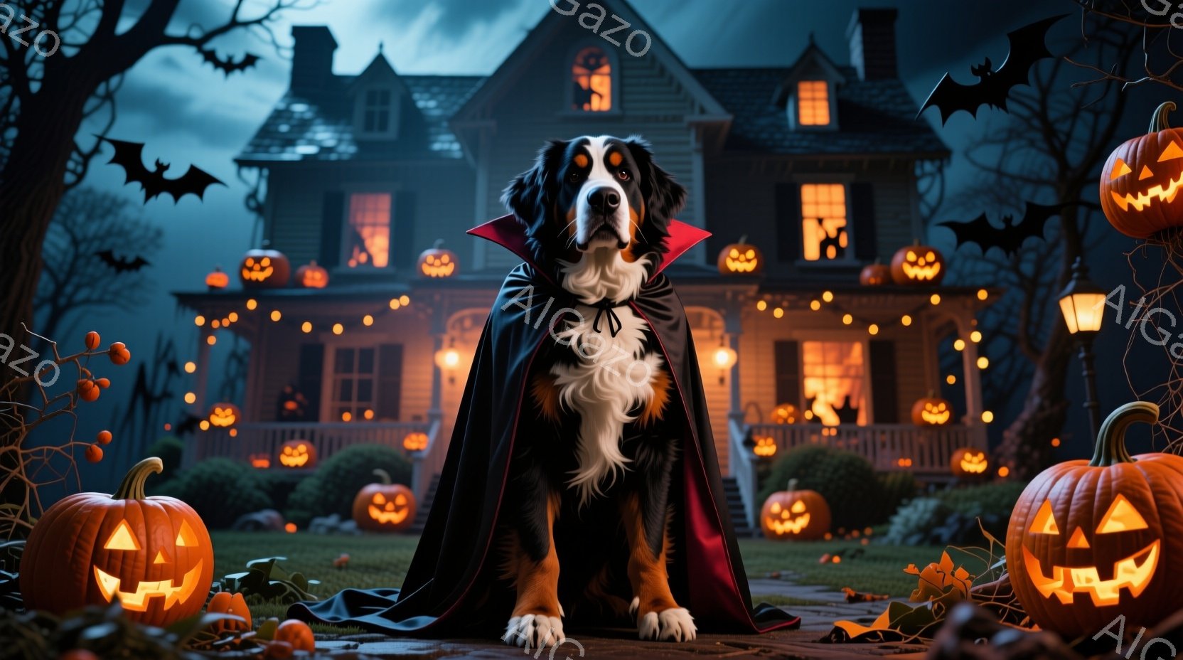 大きなベルネーゼ・マウンテン・ドッグが、ハロウィーン風の黒いマントと赤い襟を付けて座っています。背景には、ジャック・オー・ランタンで飾られた暗い屋敷と、夜空を舞うコウモリが見え、不気味な雰囲気を醸し出 - AI生成フリー素材