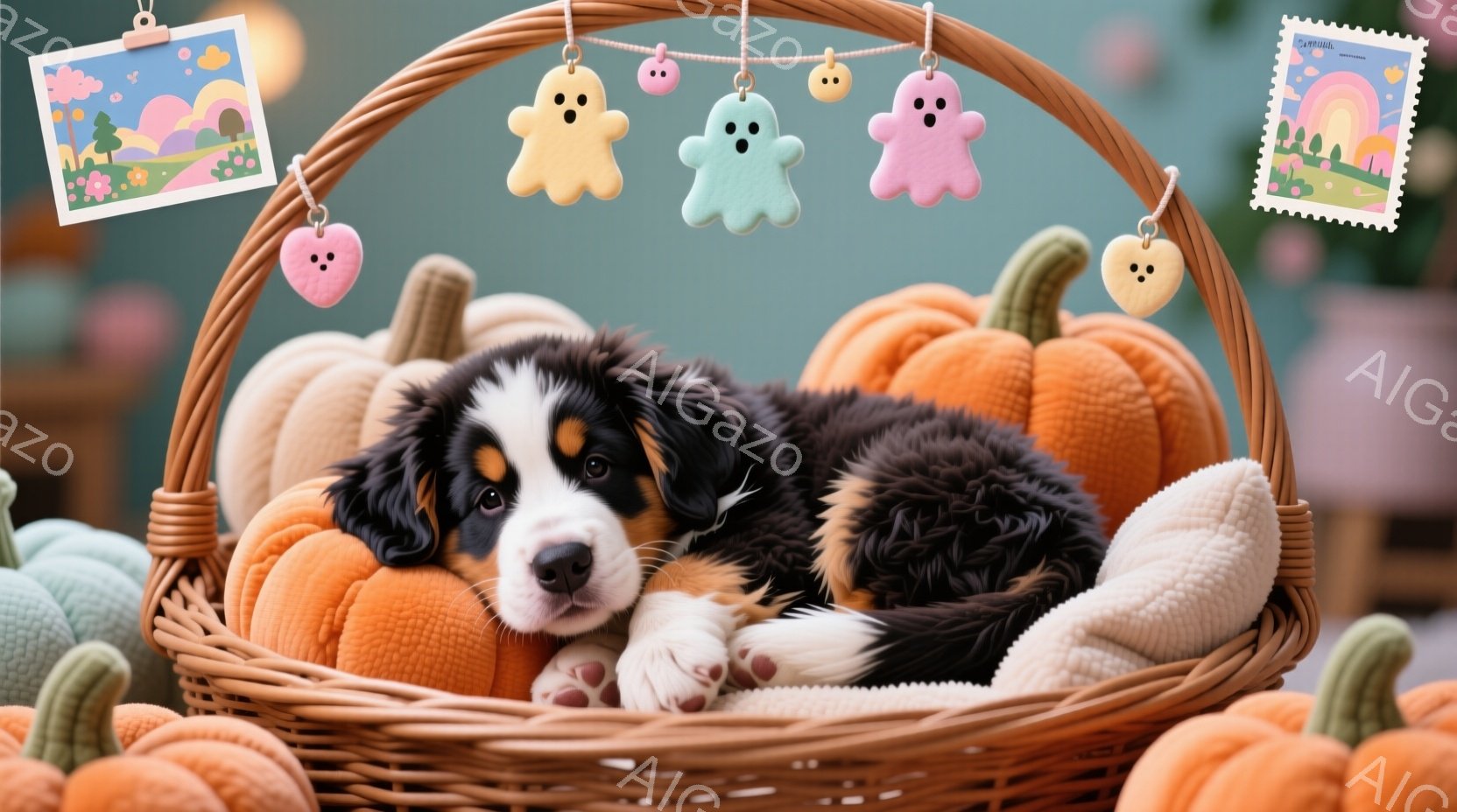 かぼちゃと幽霊の飾りで飾られたバスケットの中に、ベルネーゼ・マウンテン・ドッグの子犬が丸まって眠っています。子犬は白、黒、茶色の毛並みで、穏やかでリラックスした表情をしています。背景は柔らかい緑色で、秋の温かく心地よい雰囲気が漂っています。