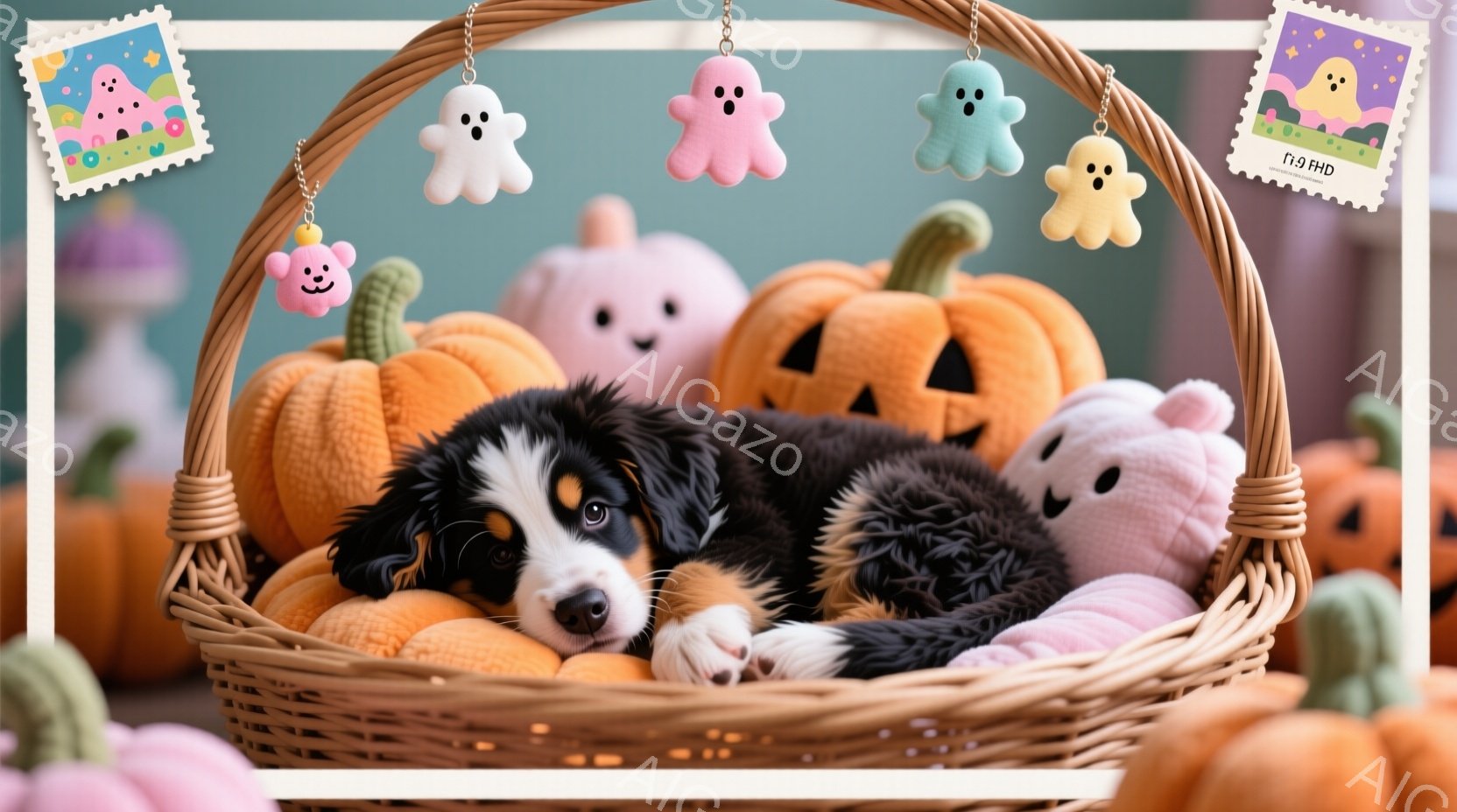 茶色と白の毛並みを持つ子犬が、籐で編まれたカゴの中に丸まって眠っています。カゴの周りには、さまざまな表情をしたハロウィーンの飾り（カボチャ、お化け、帽子）が置かれており、背景はぼやけたパステルカラーで - AI生成フリー素材