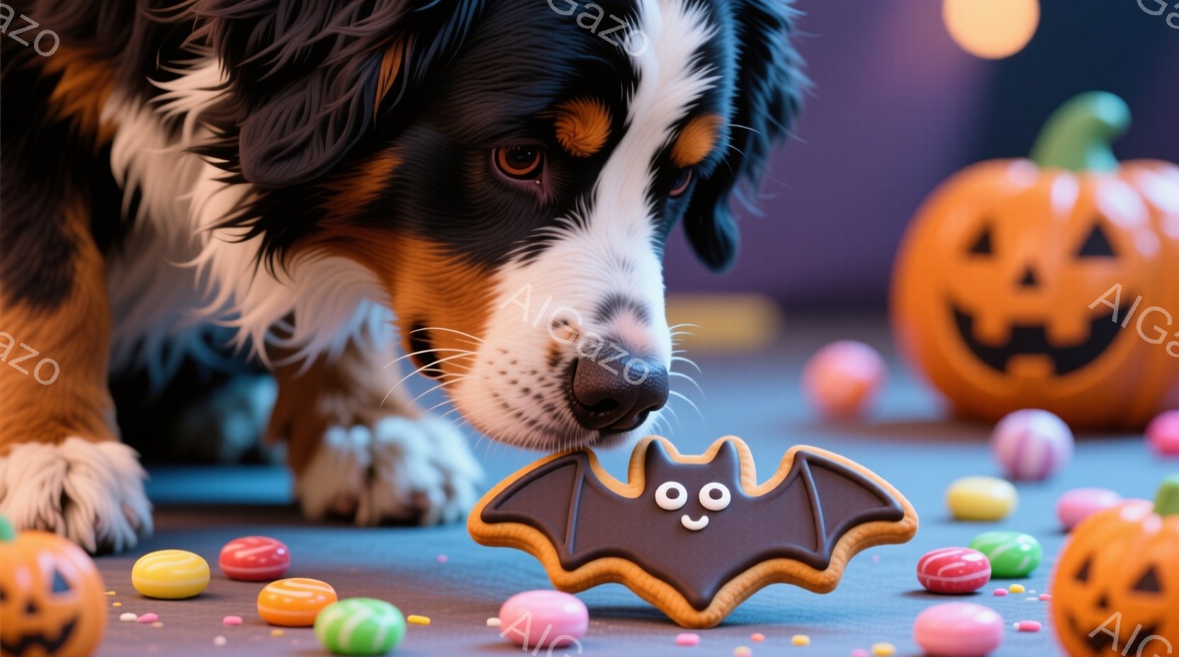 鮮やかなオレンジと白の毛並みを持つバーニーズ・マウンテン・ドッグが、コウモリの形をしたクッキーに鼻を近づけています。周囲にはカラフルなキャンディーが散らばり、背景にはハロウィーンのランタンがぼんやりと見えます。全体的に、愛らしい犬とハロウィーンの楽しい雰囲気が漂う温かいイメージです。