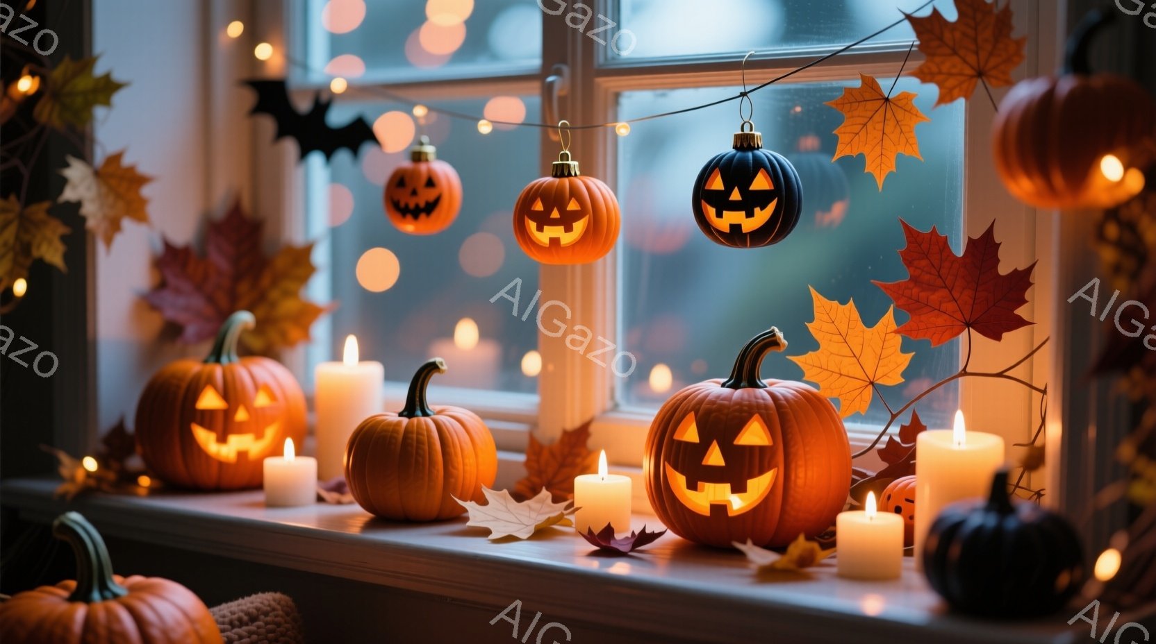 ハロウィーンの飾り付けが窓辺に並べられています。オレンジ色のジャック・オ・ランタンの形をしたかぼちゃや、黒いかぼちゃのオーナメントが飾られており、周りには秋らしい紅葉の葉や点灯したキャンドルが配置されています。背景はぼやけた街並みで、全体的に暖かく、お祝いムードに満ちた雰囲気です。