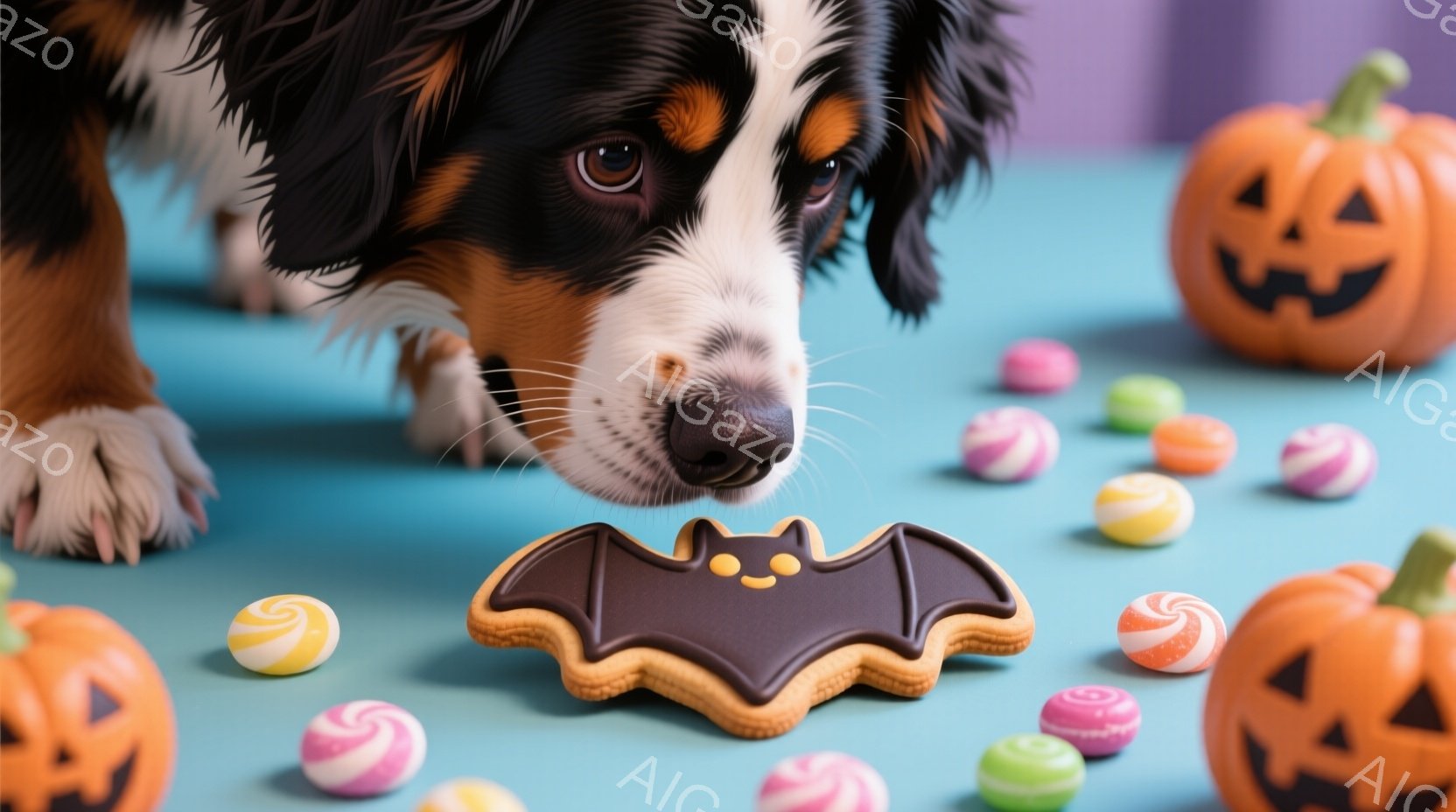 可愛らしいトライカラーの犬が、ハロウィーンをイメージしたコウモリの形をしたクッキーに鼻を近づけています。背景には、カラフルなキャンディーや、ジャック・オ・ランタンが配置され、青い背景がハロウィーンの楽 - AI生成フリー素材